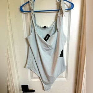 Baby blue tie top, square neck bodysuit. Express